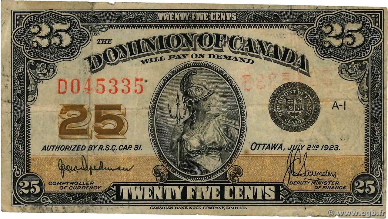 25 Cents CANADA 1923 P.010 TB