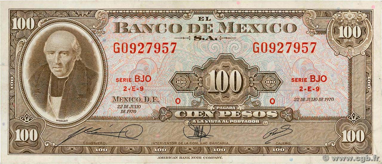 100 Pesos MEXICO  1970 P.061e MBC