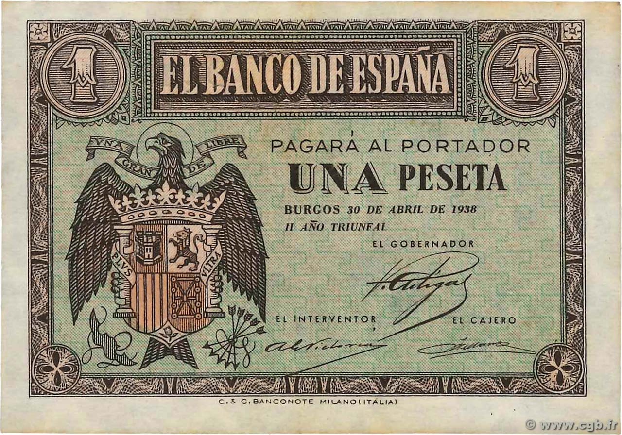 1 Peseta SPAIN  1938 P.108a VF+