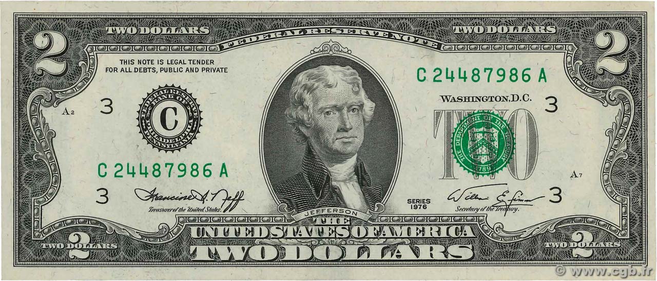 2 Dollars ÉTATS-UNIS D AMÉRIQUE Philadelphie 1976 P.461 NEUF