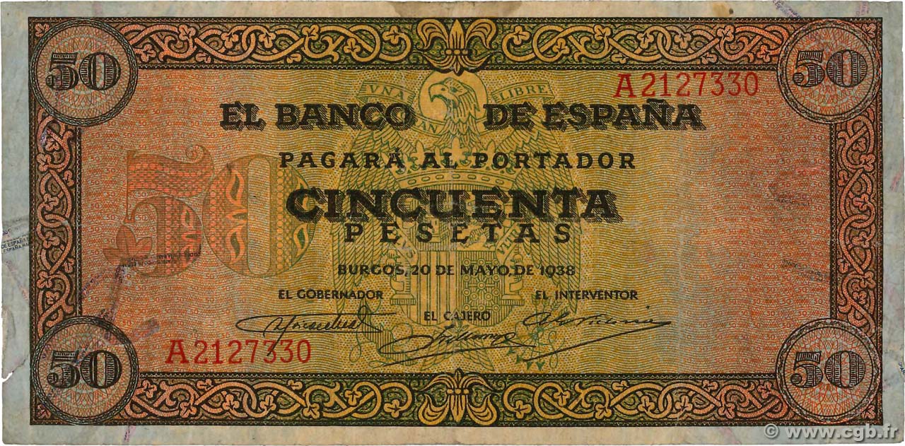 50 Pesetas ESPAGNE  1938 P.112 TTB