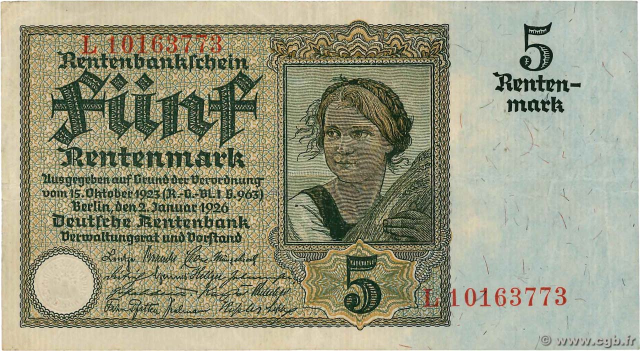 5 Rentenmark ALLEMAGNE  1926 P.169 TTB