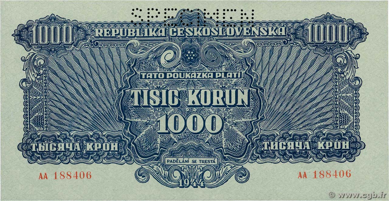 1000 Korun Spécimen TSCHECHOSLOWAKEI  1944 P.050s fST+