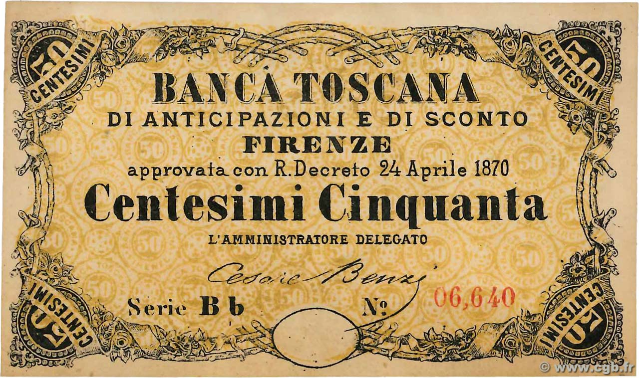 50 Centesimi ITALIE Firenze 1870 P.- SPL+