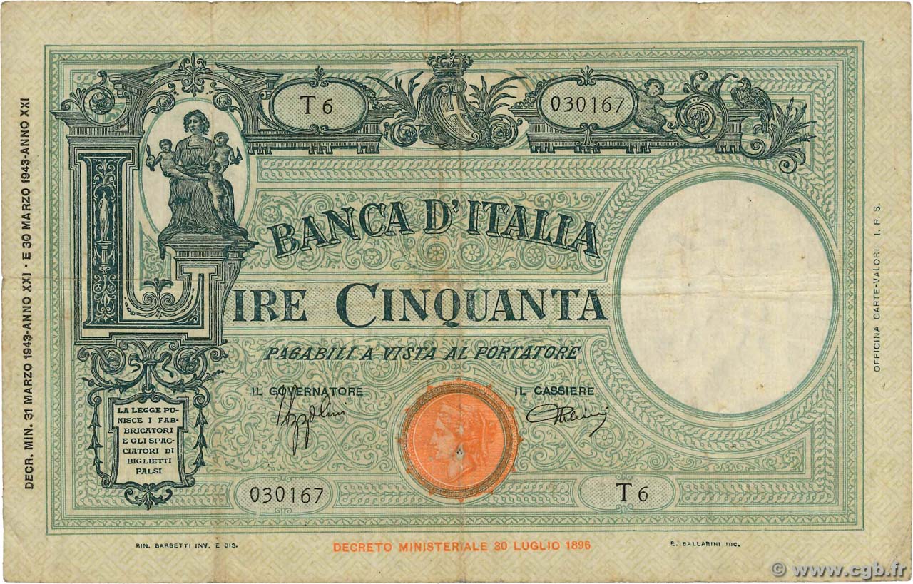 50 Lire ITALIE  1943 P.064a TB+