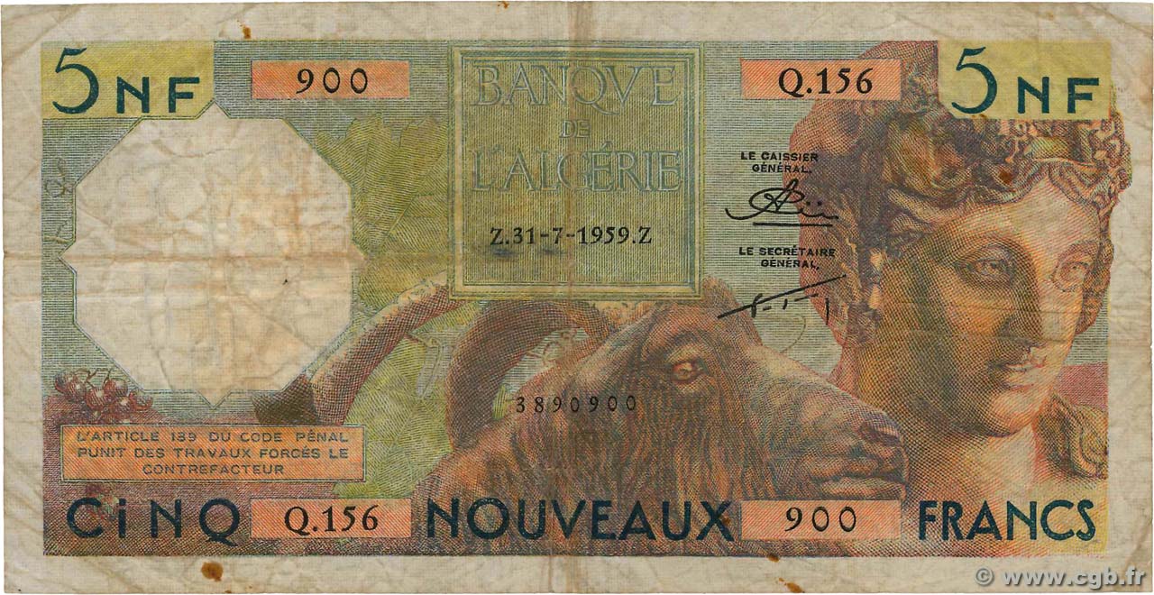 5 Nouveaux Francs ALGÉRIE  1959 P.118a pr.TB