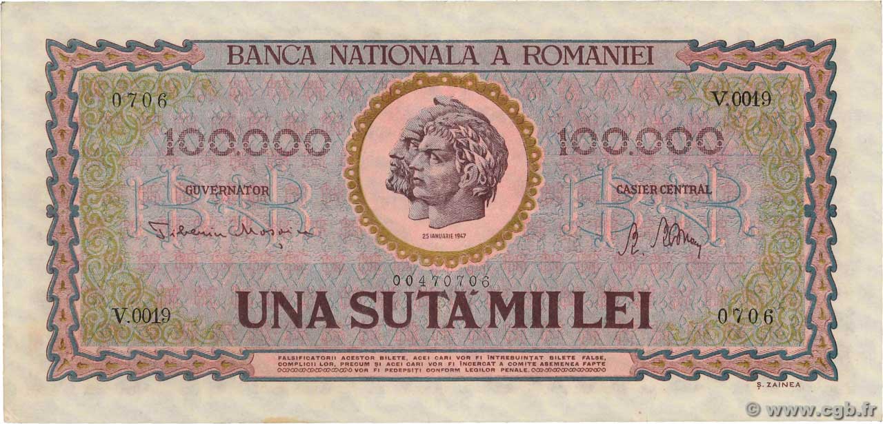 100000 Lei ROUMANIE  1947 P.059a pr.SUP