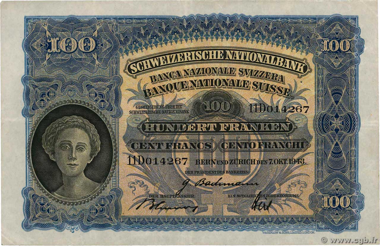 100 Francs SUISSE  1943 P.35p VF+