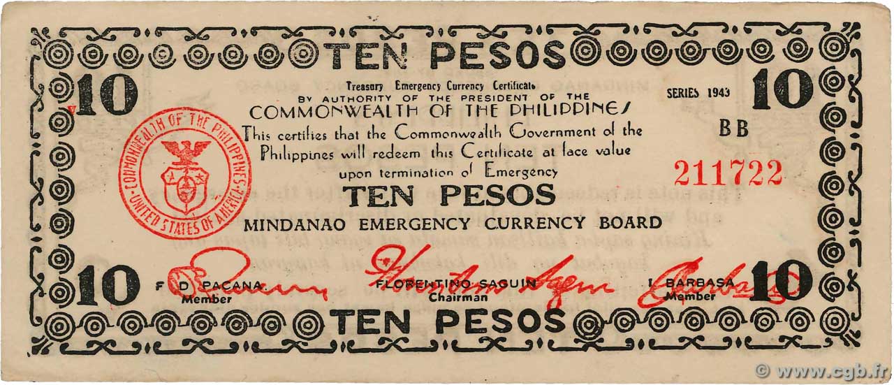 10 Pesos PHILIPPINES  1943 PS.508b XF