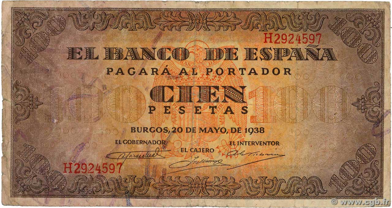 100 Pesetas ESPAGNE  1938 P.113 TB