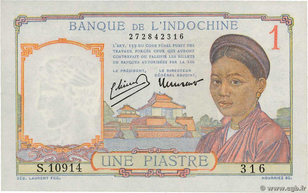 1 Piastre FRENCH INDOCHINA 1945 P.054d UNC-