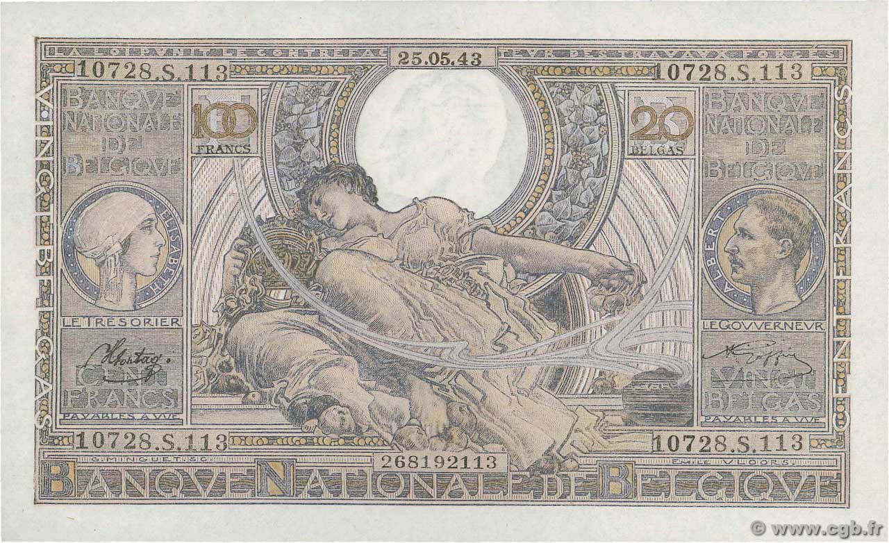 100 Francs - 20 Belgas BELGIUM 1943 P.107 UNC-