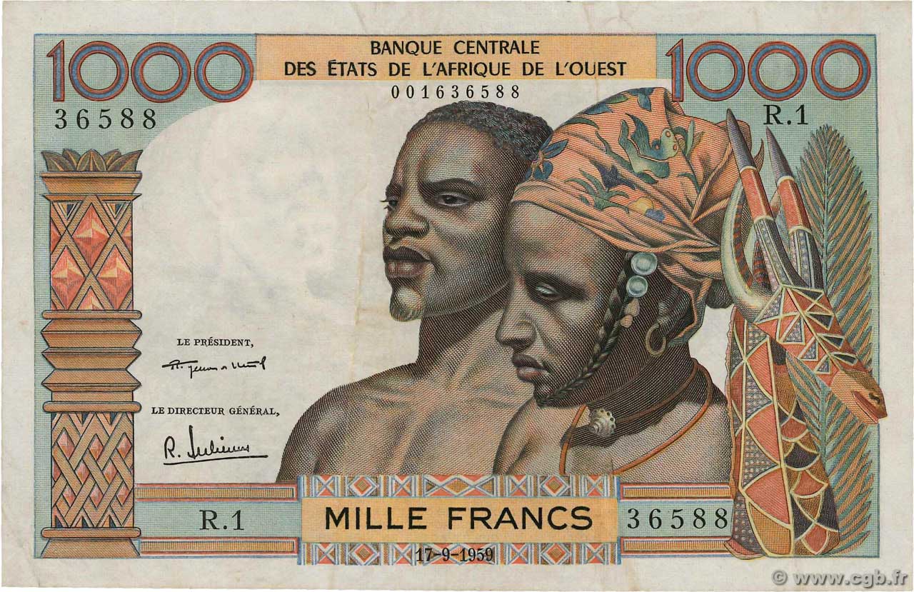 1000 Francs WEST AFRICAN STATES 1959 P.004 VF