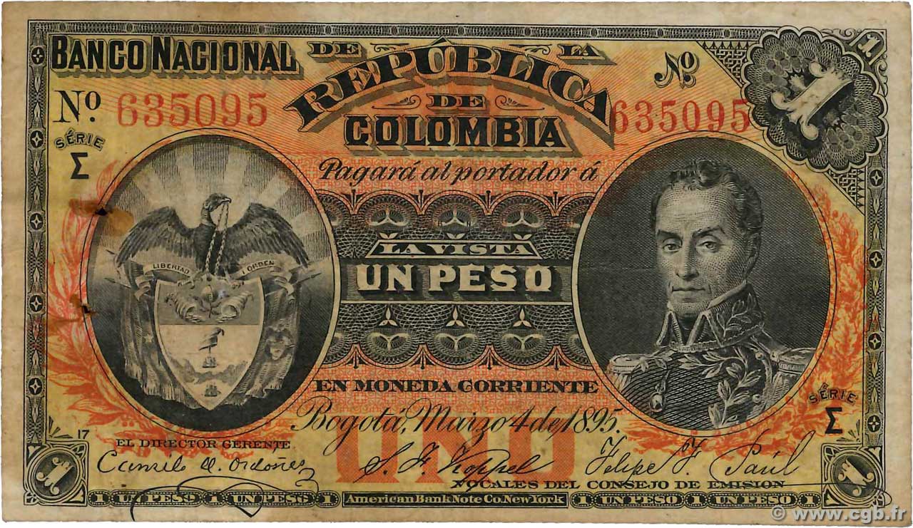 1 Peso COLOMBIA 1895 P.234 F+