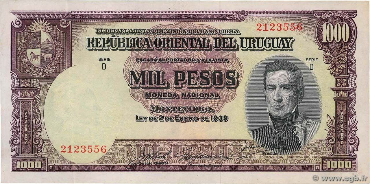 1000 Pesos URUGUAY 1939 P.041c EBC
