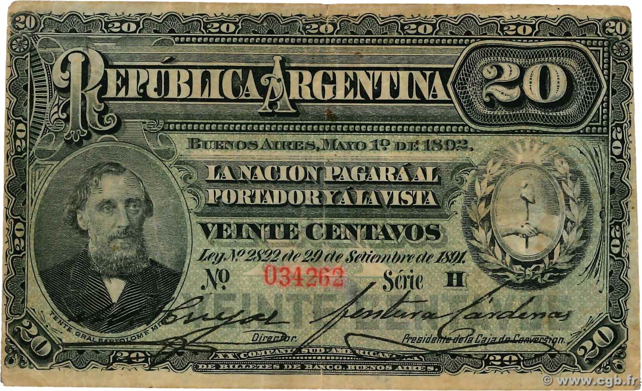 20 Centavos ARGENTINA 1892 P.215 F