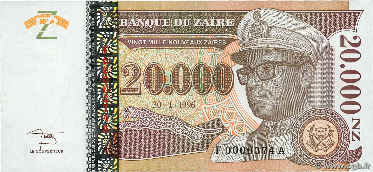 20000 Nouveaux Zaïres Lot ZAÏRE 1996 P.72 NEUF