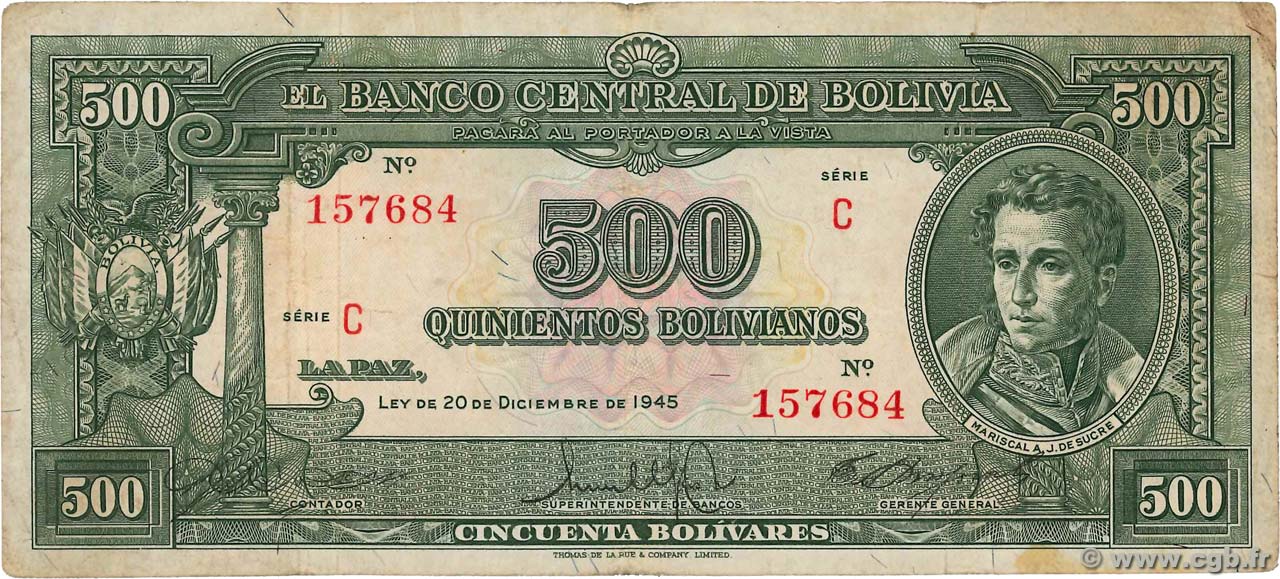 500 Bolivianos BOLIVIA 1945 P.143 F+