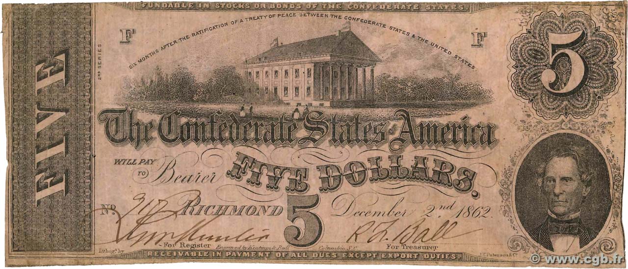 5 Dollars ÉTATS CONFÉDÉRÉS D AMÉRIQUE Richmond 1862 P.51 TB