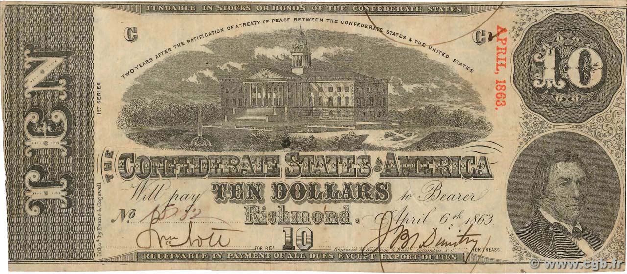 10 Dollars ÉTATS CONFÉDÉRÉS D AMÉRIQUE Richmond 1863 P.60 TB