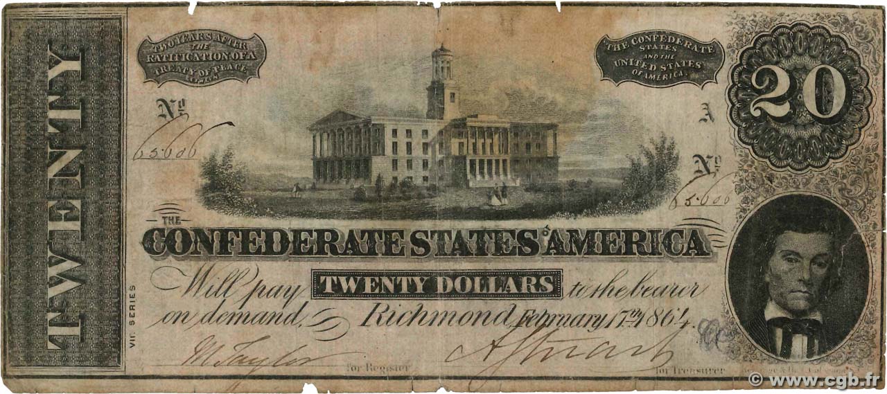 20 Dollars ÉTATS CONFÉDÉRÉS D AMÉRIQUE Richmond 1864 P.69 TB