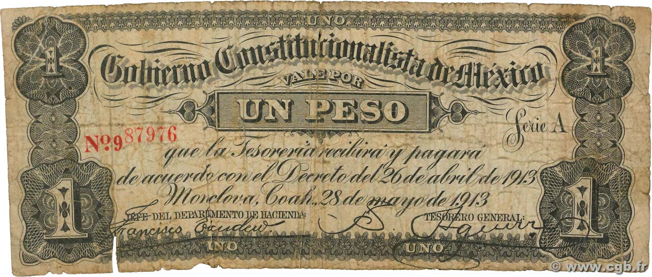 1 Peso MEXIQUE Monclova 1913 PS.0626 B