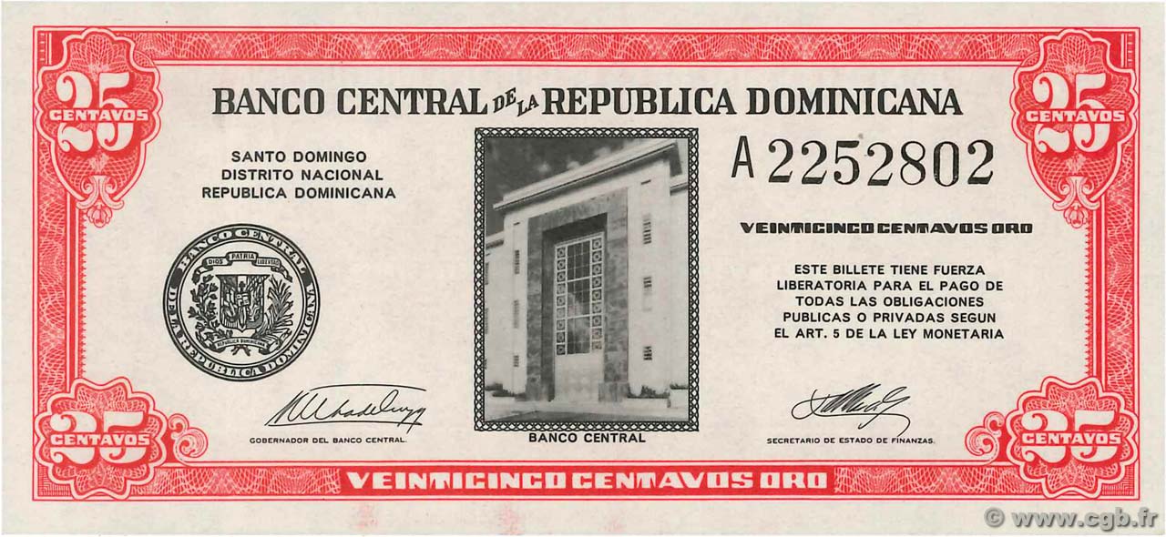 25 Centavos Oro RÉPUBLIQUE DOMINICAINE 1961 P.087a NEUF