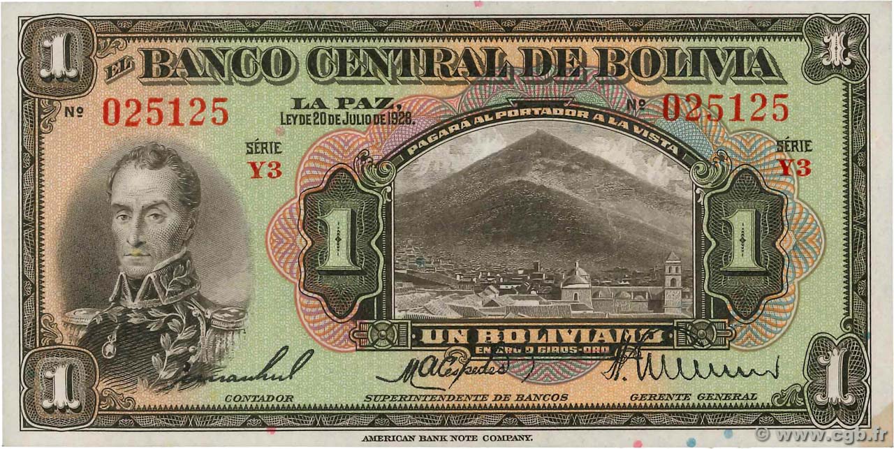 1 Boliviano BOLIVIA 1928 P.118a UNC-