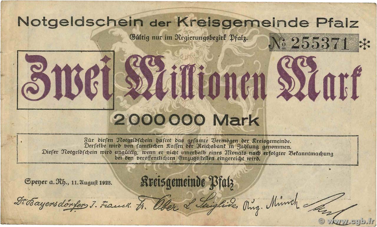 2 Millions Mark GERMANY Speyer 1923  VF