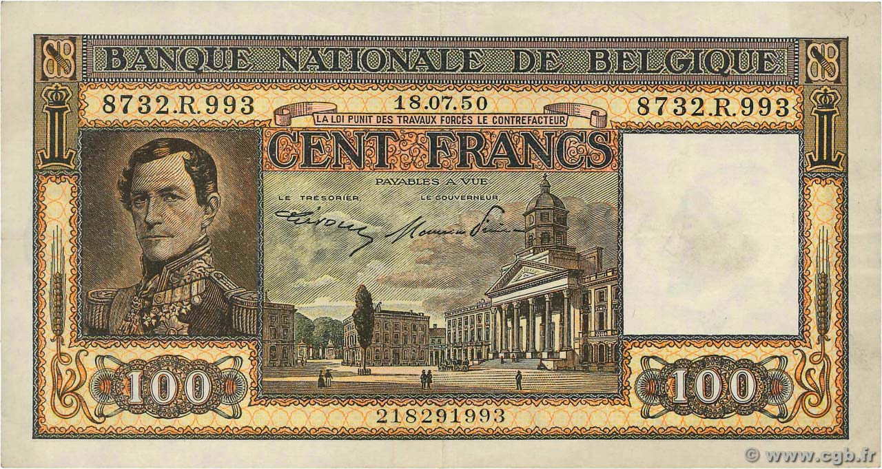 100 Francs BELGIQUE 1950 P.126 TTB