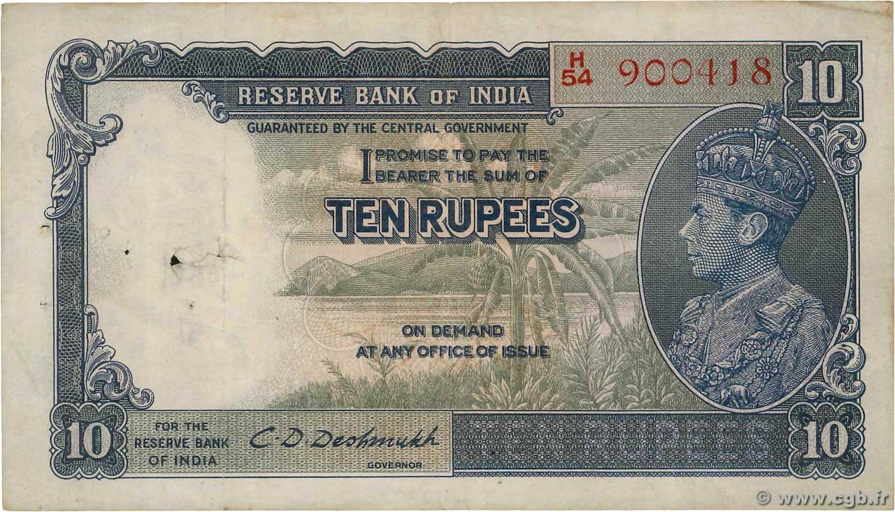 10 Rupees INDIA 1943 P.019b F