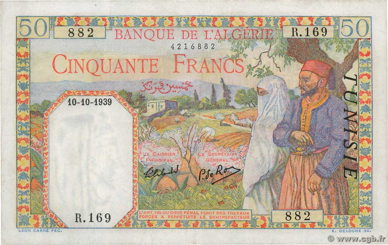 50 Francs TUNISIA 1939 P.12a XF
