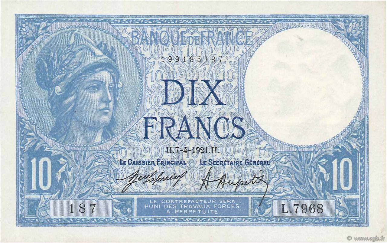 10 Francs MINERVE FRANCE  1921 F.06.05 TTB+