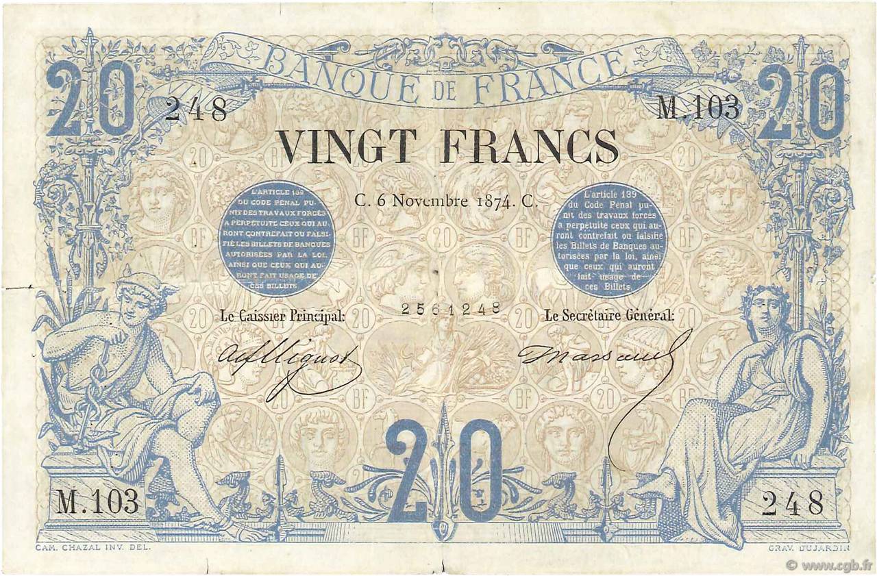 20 Francs NOIR FRANCE  1874 F.09.01 B+