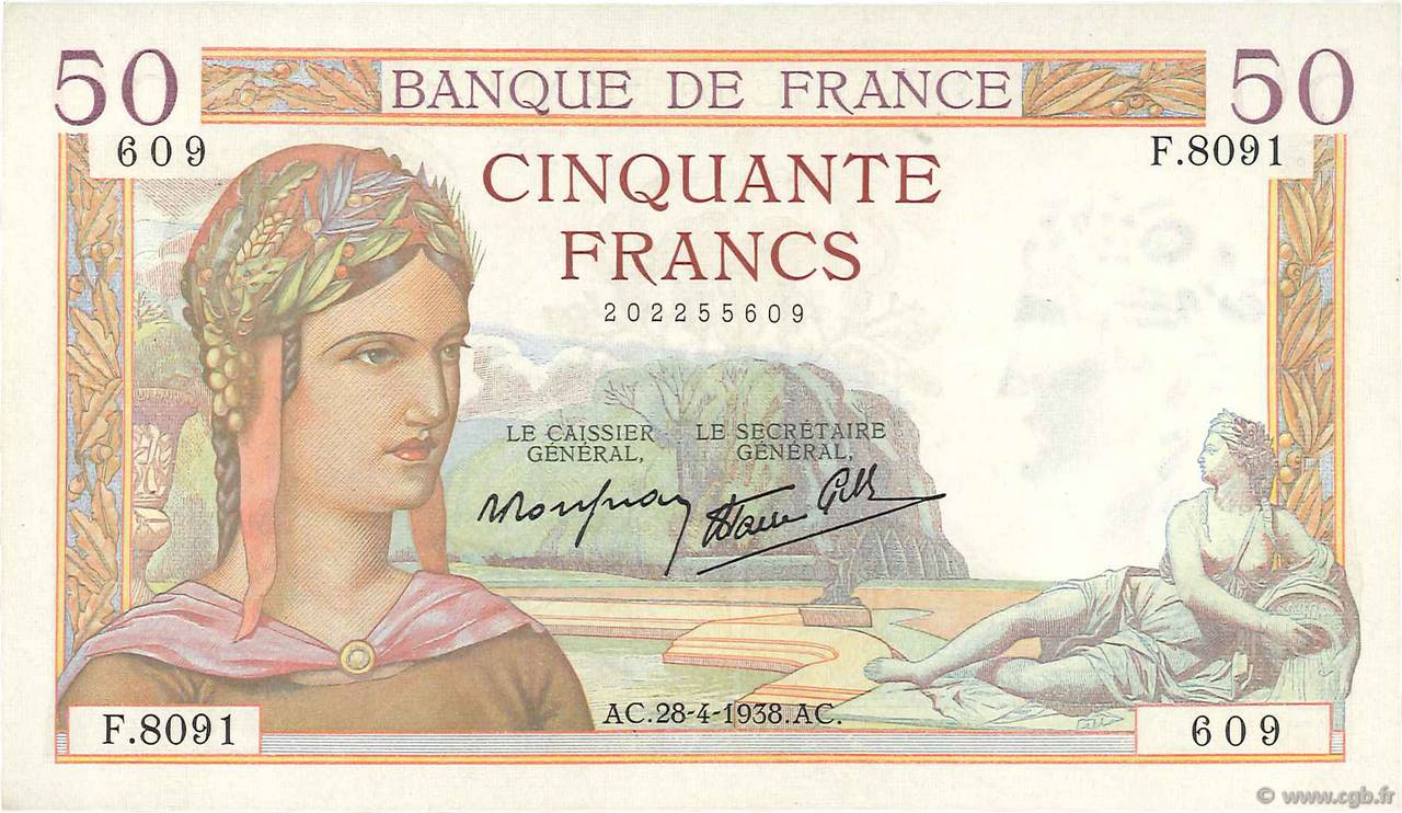 50 Francs CÉRÈS modifié FRANCE  1938 F.18.12 XF