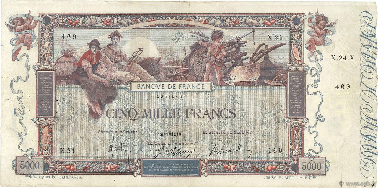 5000 Francs FLAMENG Grand numéro FRANCE  1918 F.43.01 TB+