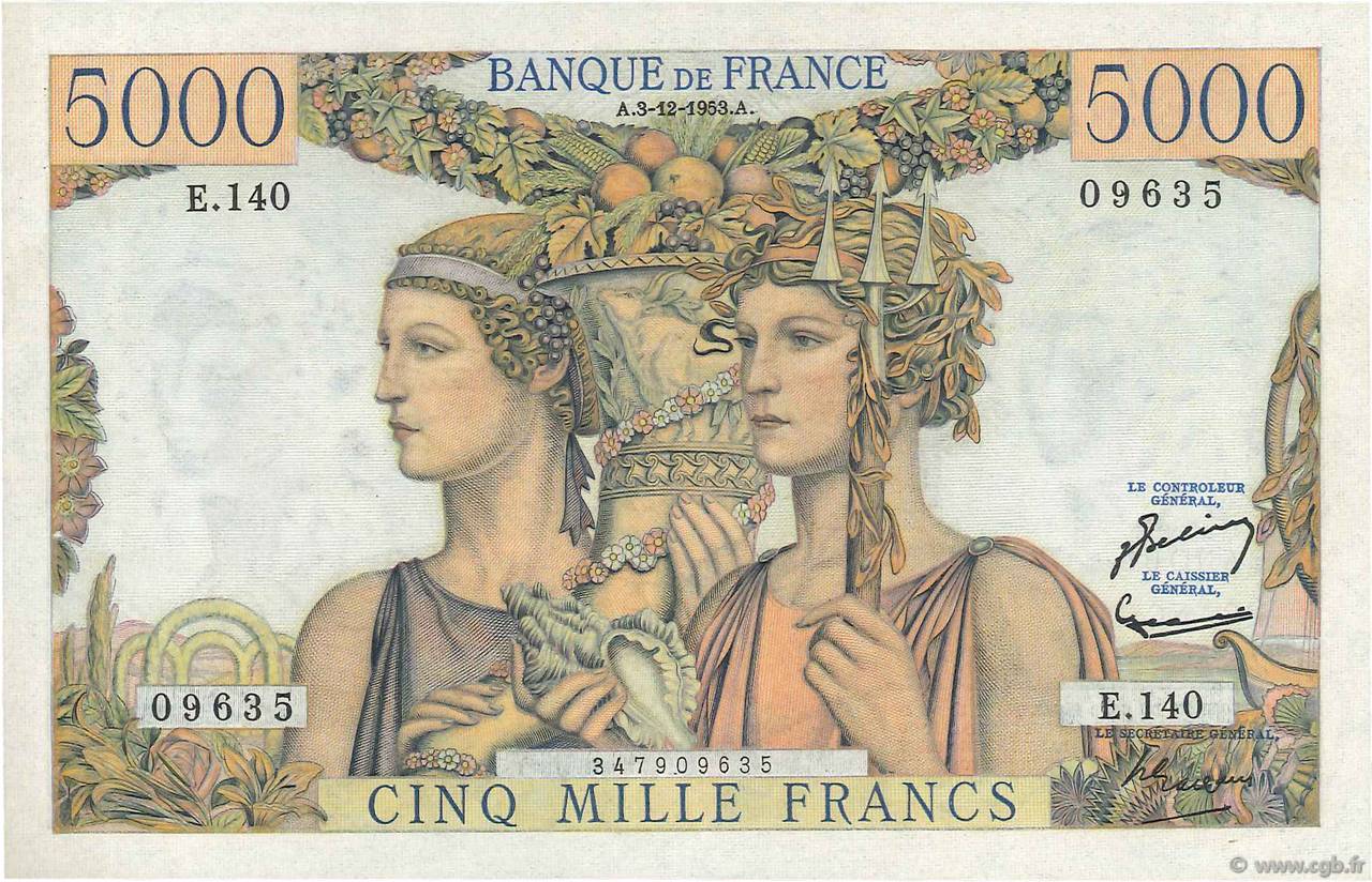 5000 Francs TERRE ET MER FRANCE  1953 F.48.10 SUP+