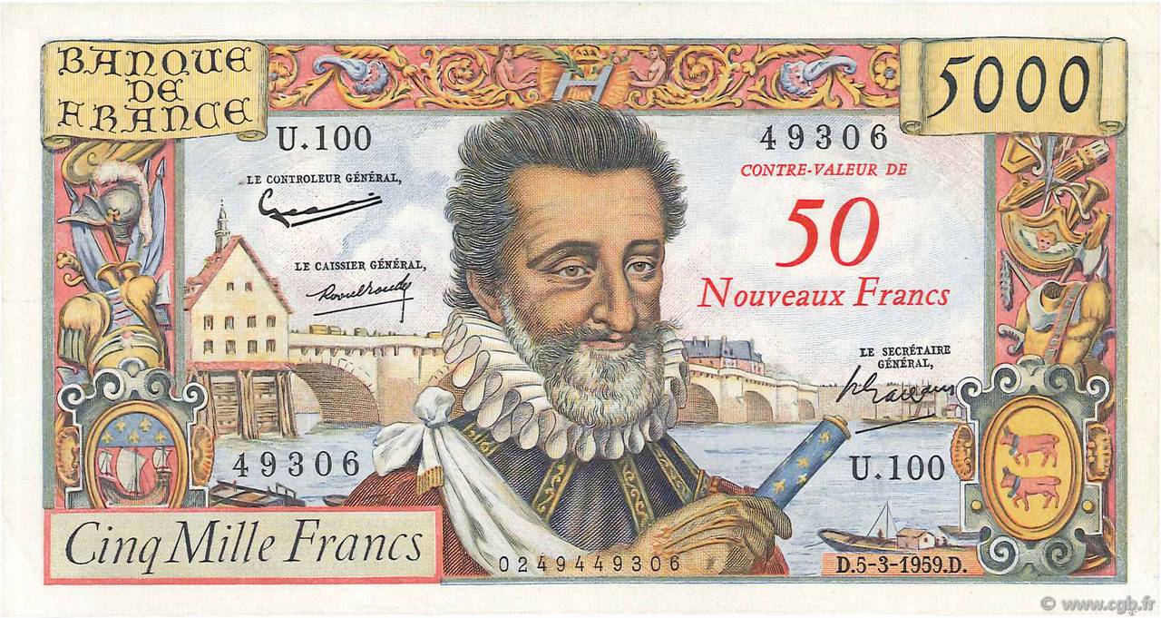 50 NF sur 5000 Francs HENRI IV FRANCE  1959 F.54.02 TTB