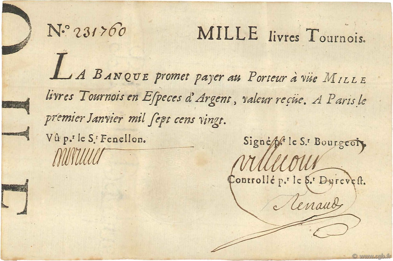 1000 Livres Tournois typographié Faux FRANCE 1720 Dor.29x