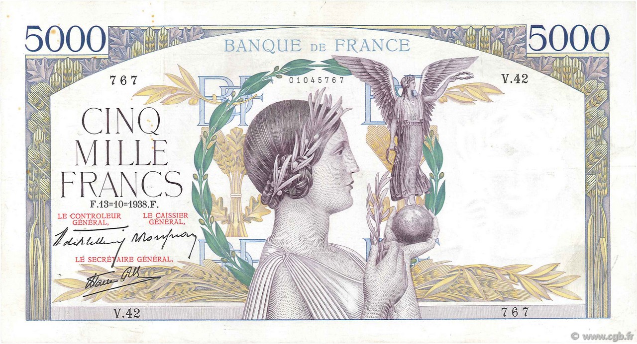 5000 Francs VICTOIRE modifié, taille douce FRANCE  1938 F.45.01 pr.TTB