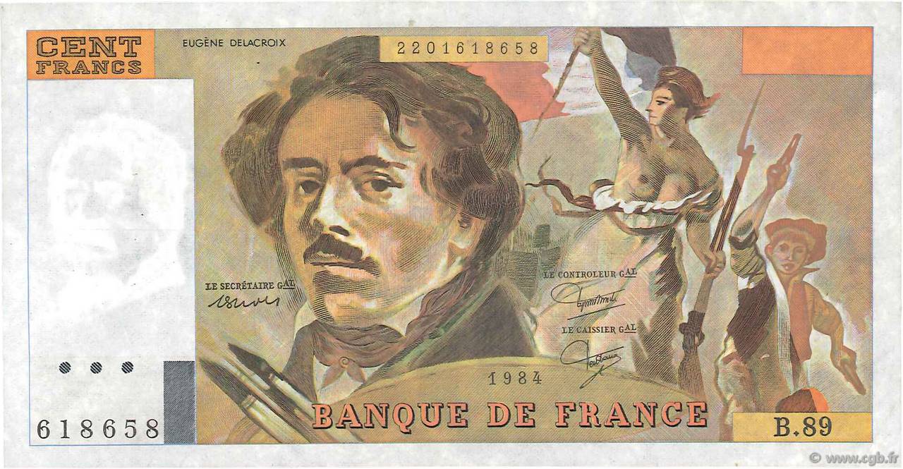 100 Francs DELACROIX modifié Fauté FRANCE  1984 F.69.08b TTB