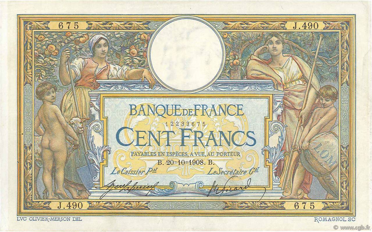 100 Francs LUC OLIVIER MERSON avec LOM FRANCE  1908 F.22.01 TTB