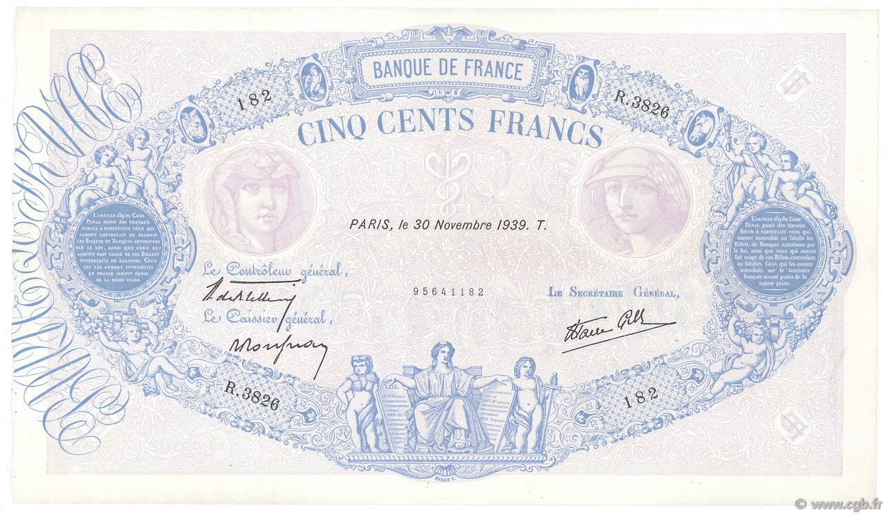 500 Francs BLEU ET ROSE modifié FRANCE  1939 F.31.50 SUP+