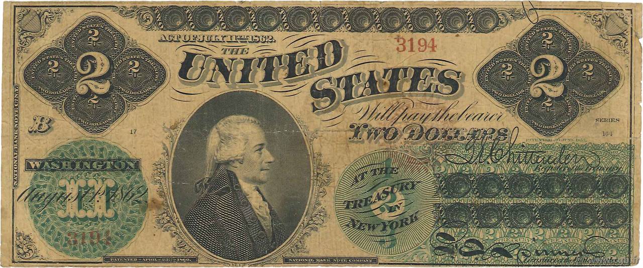 2 Dollars ÉTATS-UNIS D AMÉRIQUE  1862 P.129 B+