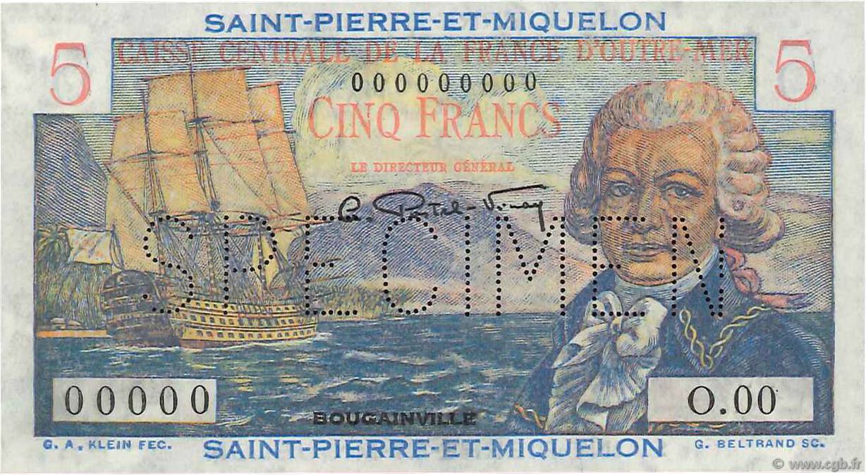 5 Francs Bougainville Spécimen SAINT PIERRE ET MIQUELON  1946 P.22s NEUF