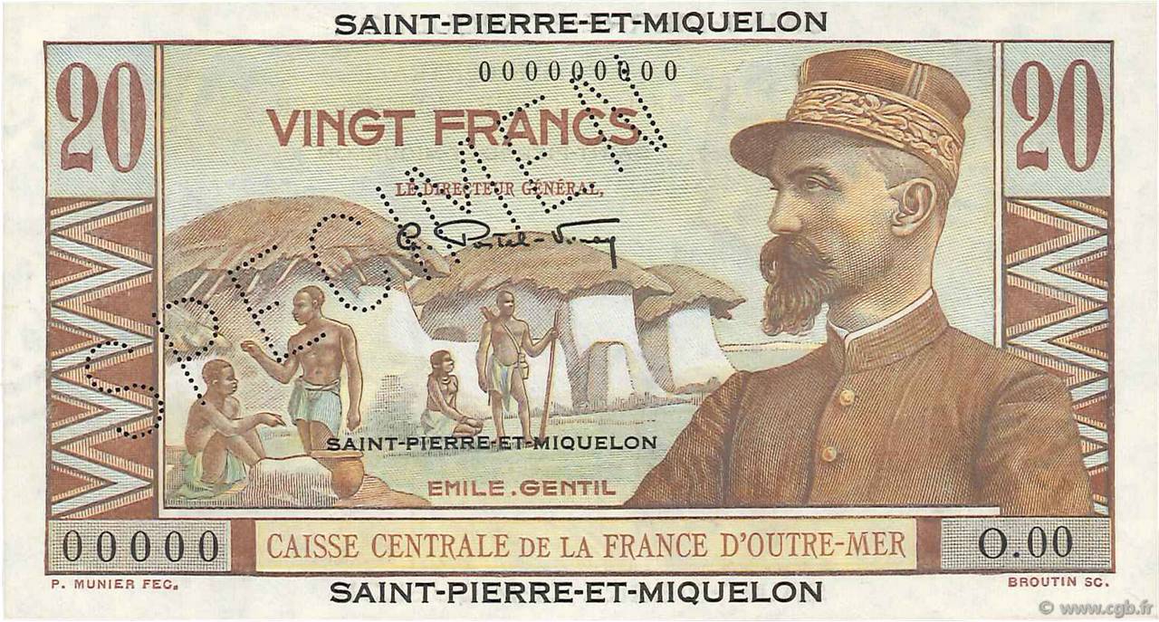 20 Francs Émile Gentil Spécimen SAINT PIERRE ET MIQUELON  1946 P.24s NEUF