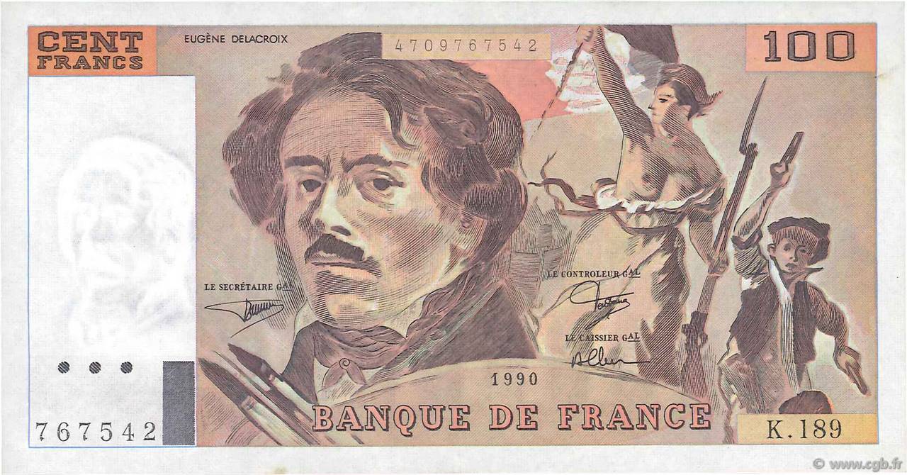 100 Francs DELACROIX imprimé en continu FRANCE  1990 F.69bis.02e2 SUP
