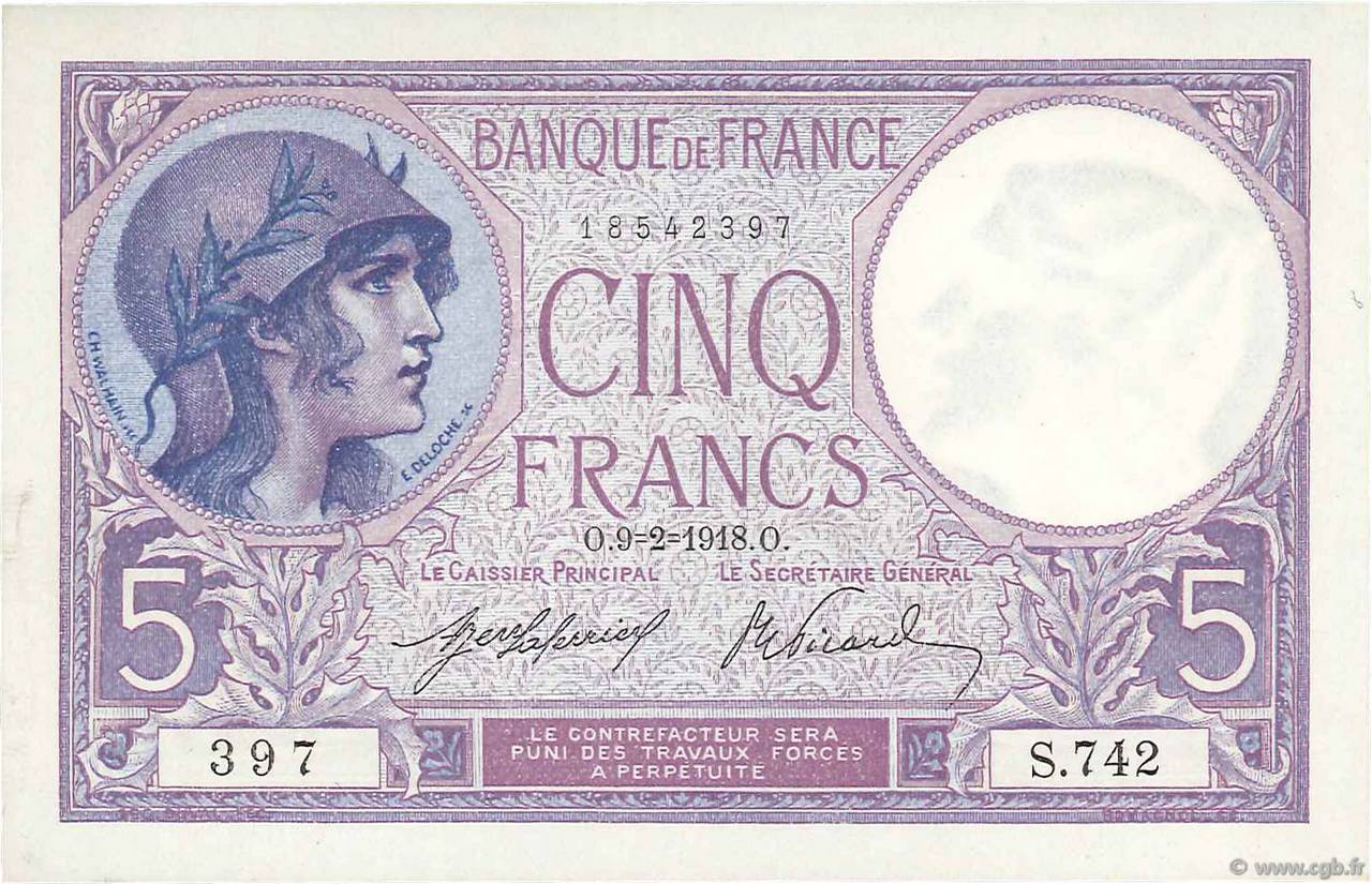 5 Francs FEMME CASQUÉE FRANCE  1918 F.03.02 UNC-