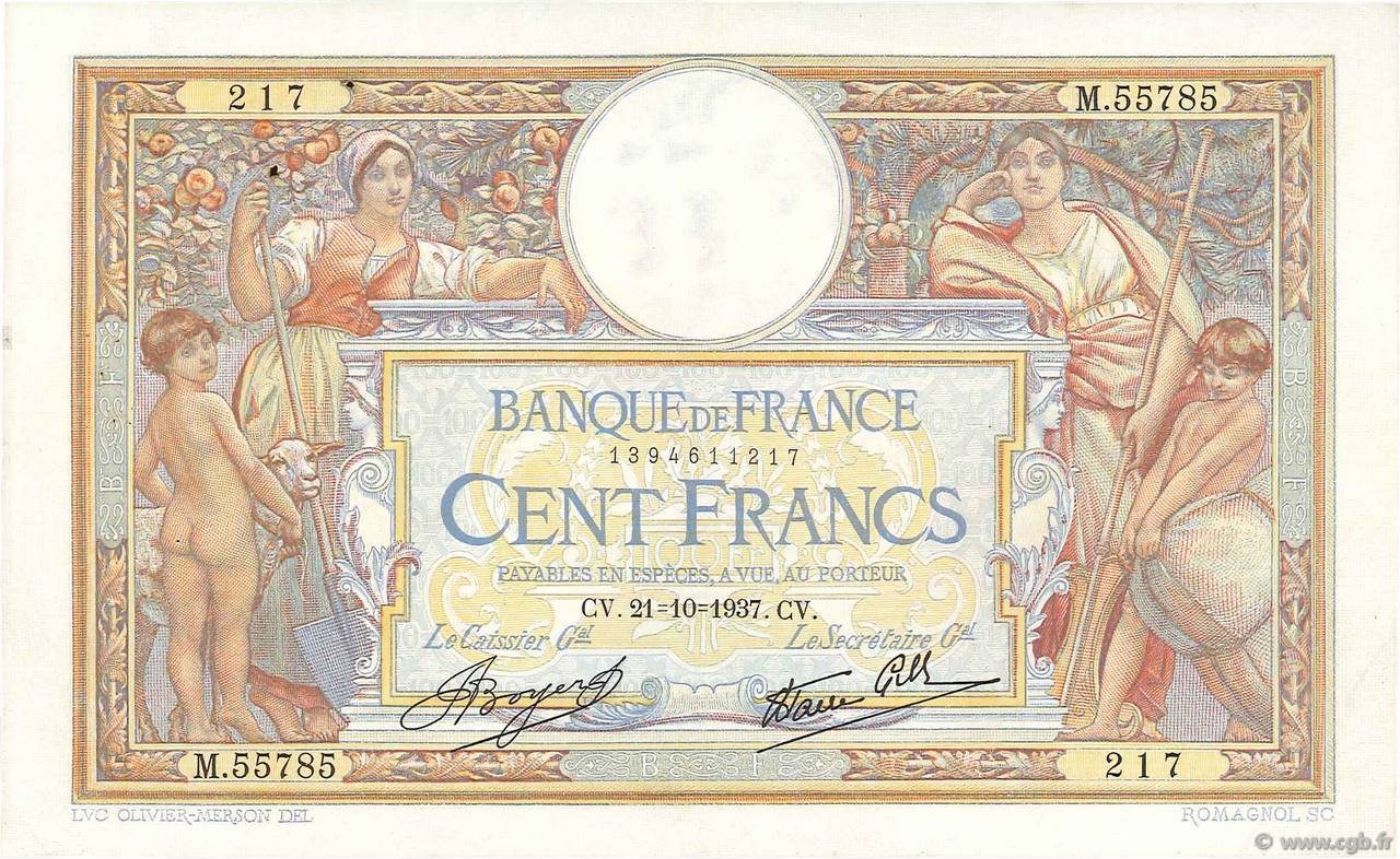 100 Francs LUC OLIVIER MERSON type modifié FRANCE  1937 F.25.03 TTB