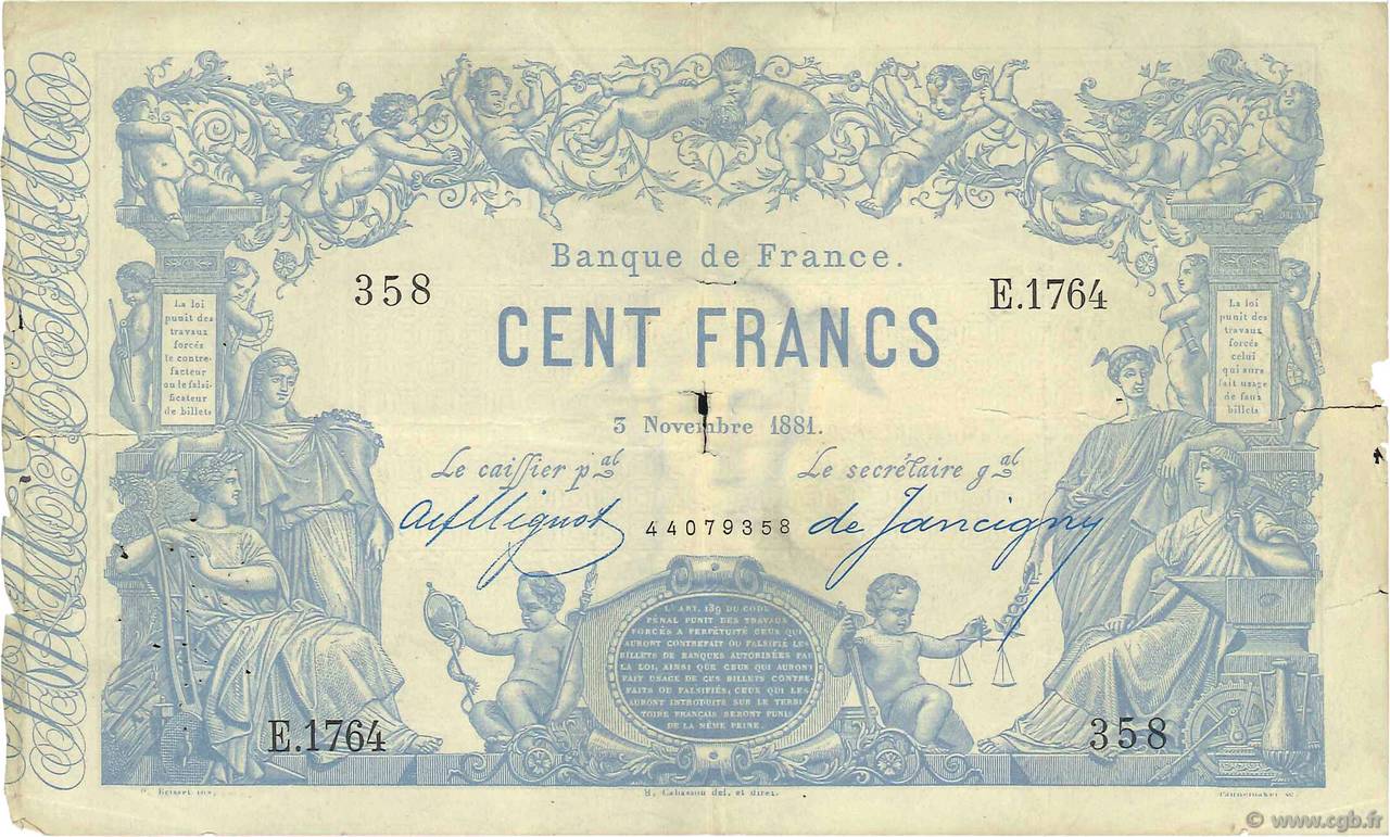 100 Francs type 1862 - Bleu à indices Noirs FRANCE  1881 F.A39.17 TB